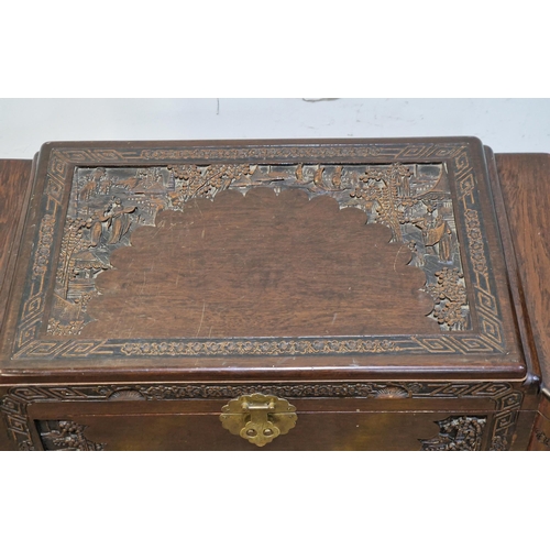 2427 - Oriental carved camphor wood blanket box with brass hinged lock, H 56cm x W 101cm x D 54cm