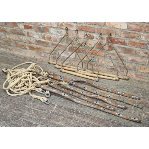 384 - Five vintage metal trapeze bars together with five associated vintage leather straps and rope, H 48c... 