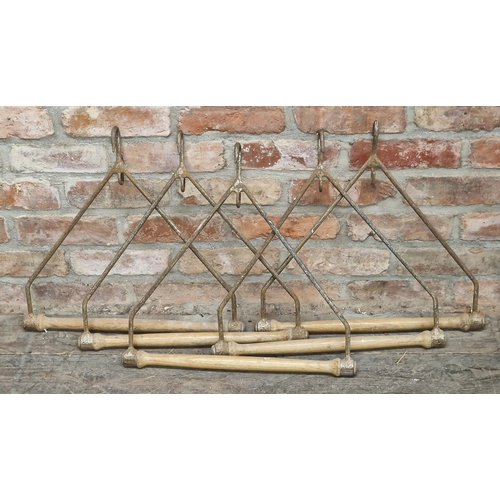 384 - Five vintage metal trapeze bars together with five associated vintage leather straps and rope, H 48c... 