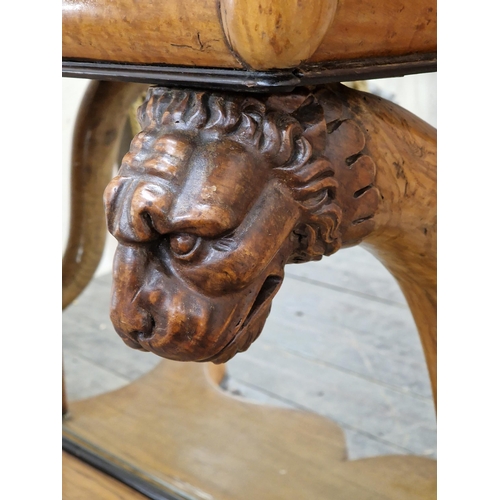 2357 - Impressive French Napoleon III birdseye maple and satinwood marble top console table, carved lion he... 