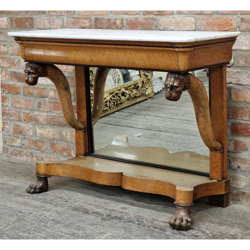 2357 - Impressive French Napoleon III birdseye maple and satinwood marble top console table, carved lion he... 