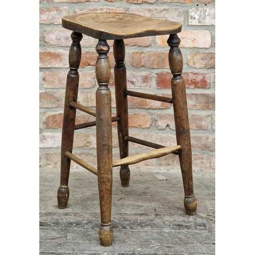 2358 - Antique elm tavern stool with saddle shaped seat, H 71cm x W 36cm