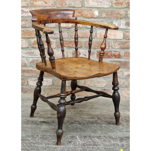 2359 - Antique elm and beechwood smokers bow elbow chair with saddle shaped seat, H 83cm x W 64cm