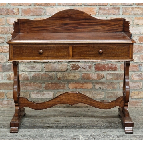 2360 - Victorian mahogany washstand with three quarter gallery back, lyre shaped ends, moulded edge and two... 