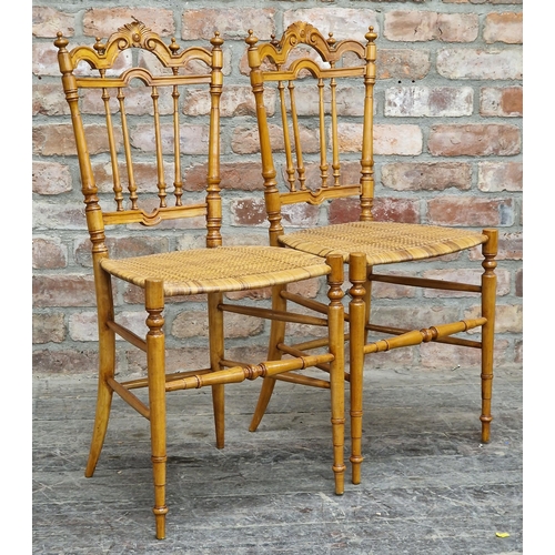 2361 - Pair of Victorian satinwood bedroom chairs with cane seats and turned spindle backs, H 88cm x W 42cm... 