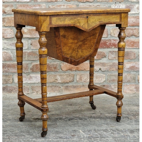 2362 - 19th century burr walnut work/sewing table with turned supports and H shaped stretcher complete with... 