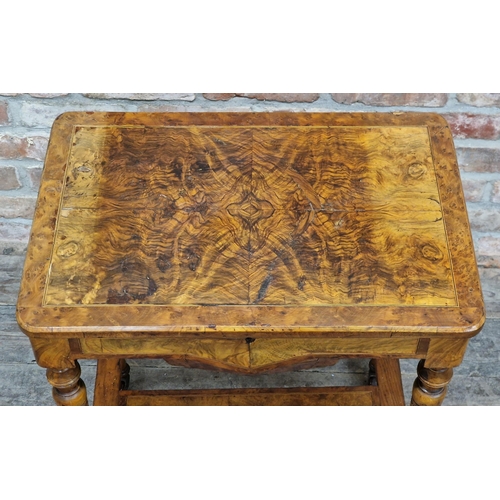 2362 - 19th century burr walnut work/sewing table with turned supports and H shaped stretcher complete with... 