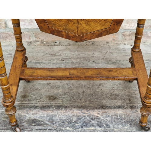 2362 - 19th century burr walnut work/sewing table with turned supports and H shaped stretcher complete with... 