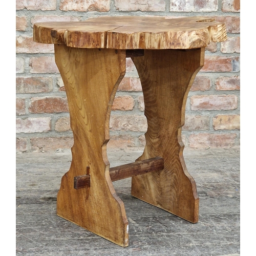 2363 - Rustic side table with cross section top and shaped ends, H 66cm x W 61cm