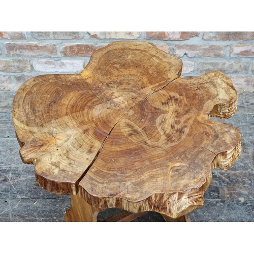 2363 - Rustic side table with cross section top and shaped ends, H 66cm x W 61cm