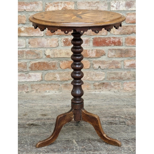 2364 - 19th century tripod table with turned bobbin column and marquetry inlaid top, H 71cm x W 51cm