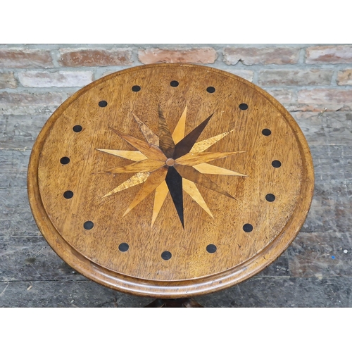 2364 - 19th century tripod table with turned bobbin column and marquetry inlaid top, H 71cm x W 51cm