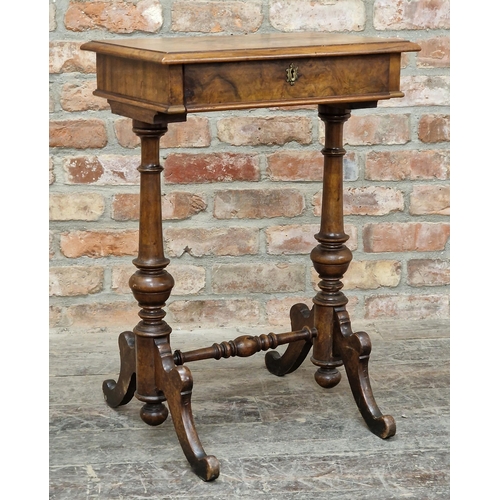 2367 - 19th century burr walnut work table with fitted segmented interior, raised on turned legs with shape... 