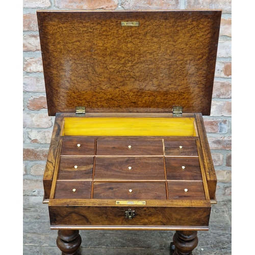 2367 - 19th century burr walnut work table with fitted segmented interior, raised on turned legs with shape... 