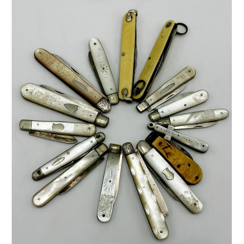 1162 - Eleven antique silver and mother of pearl folding fruit knives, with two further mother of pearl and... 