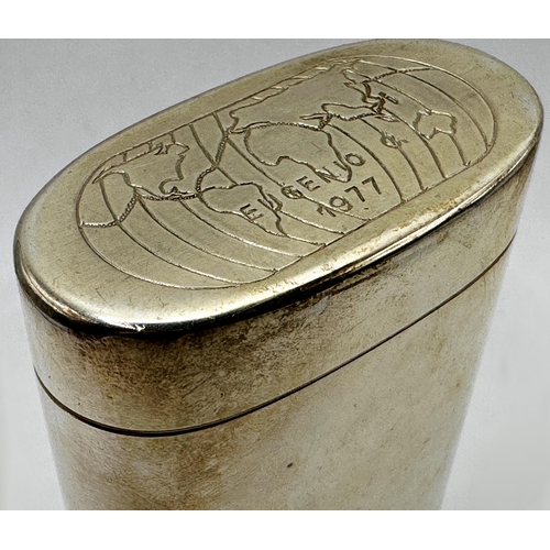 1166 - An Italian 800 silver oval cigarette case, engraved with a map of the world to base, inscribed Eugen... 