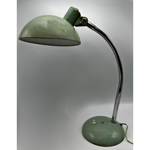 2210 - A vintage industrial French chrome and enamelled desk lamp with snake chrome column, 50cm high