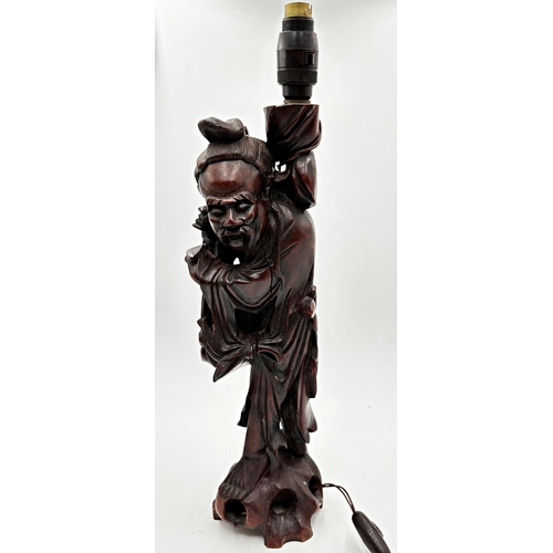 2214 - Japanese carved wooden sage converted to a table lamp, 52cm high