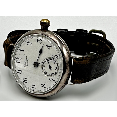 1042 - Early Waltham silver trench watch, 32mm case, enamel dial with Arabic numerals and subsidiary second... 