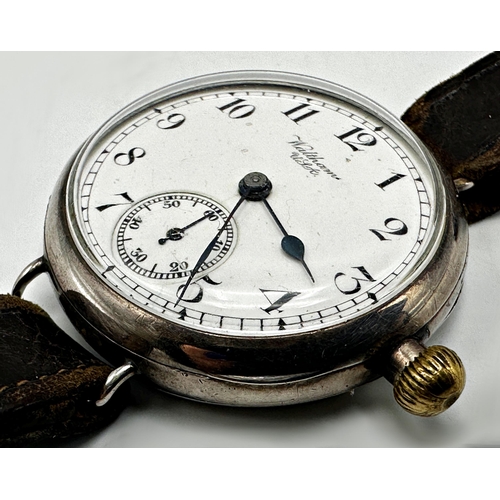 1042 - Early Waltham silver trench watch, 32mm case, enamel dial with Arabic numerals and subsidiary second... 