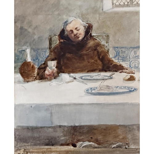 2511 - Early 20th century school - Monk at Dinner, indistinctly signed, watercolour, 19 x 15cm, framed