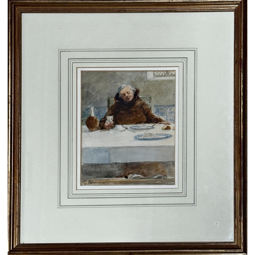 2511 - Early 20th century school - Monk at Dinner, indistinctly signed, watercolour, 19 x 15cm, framed