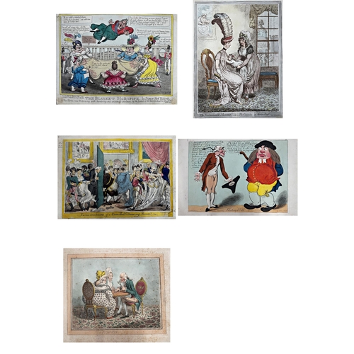 2517 - Five antique satirical colour engravings by Gillray, Newton, Cruikshank etc, unframed