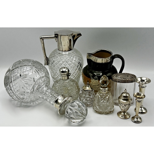 1230 - Mixed collection of silver - Four glass scent jars, pepper, two flared vases, silver collared decant... 