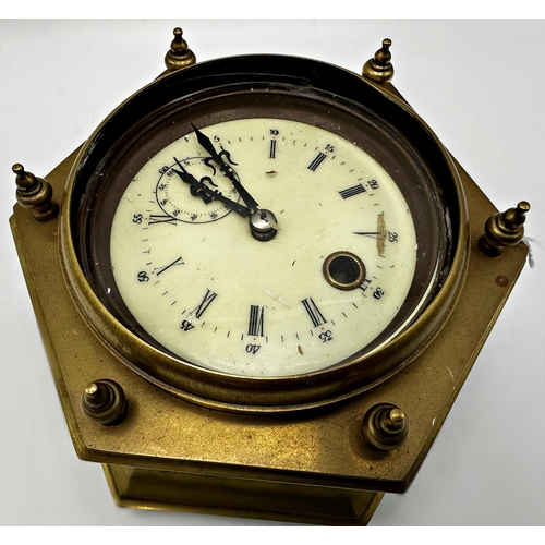 1059 - Hexagonal brass table clock, the enamel dial with subsidiary second dial, 12cm high x 18cm wide