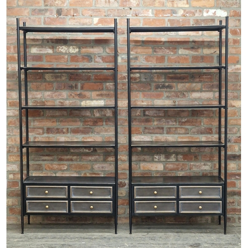 2415 - Pair of India Jane contemporary black metal open shelving units with four drawers to base, H 200cm x... 