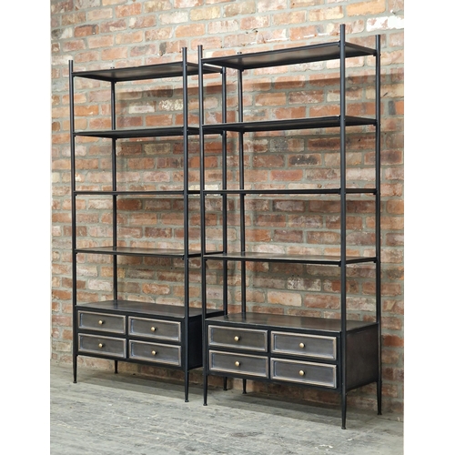 2415 - Pair of India Jane contemporary black metal open shelving units with four drawers to base, H 200cm x... 