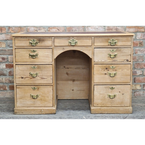 2442 - Victorian stripped pine kneehole desk, nine drawers to the kneehole frieze, gilt tooled purple leath... 