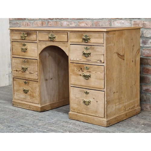 2442 - Victorian stripped pine kneehole desk, nine drawers to the kneehole frieze, gilt tooled purple leath... 