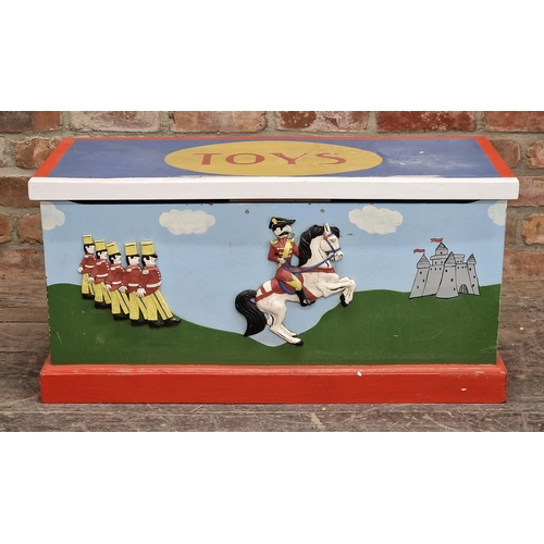 2443 - Painted pine toy chest with soldier decoration, H 43cm x W 87cm x D 37.5cm