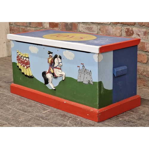 2443 - Painted pine toy chest with soldier decoration, H 43cm x W 87cm x D 37.5cm