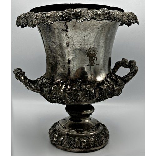 1244 - Good quality silver plated twin handled urn shaped wine cooler, cast with grapevine, 27cm high