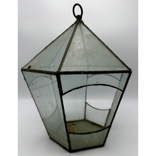 170 - Antique leaded glass terrarium in the form of a porch lantern with three shaped recessed panels 33cm... 