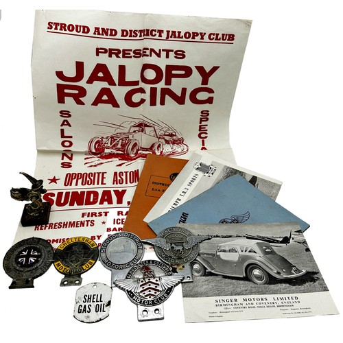 382 - A collection of motor club photographs, documents and badges plus an American radiator mascot hood o... 