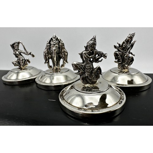 1165 - Cased set of six Siam sterling silver menu holders, each mounted by a theatrical character on weight... 