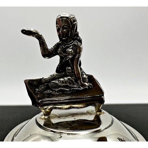 1165 - Cased set of six Siam sterling silver menu holders, each mounted by a theatrical character on weight... 