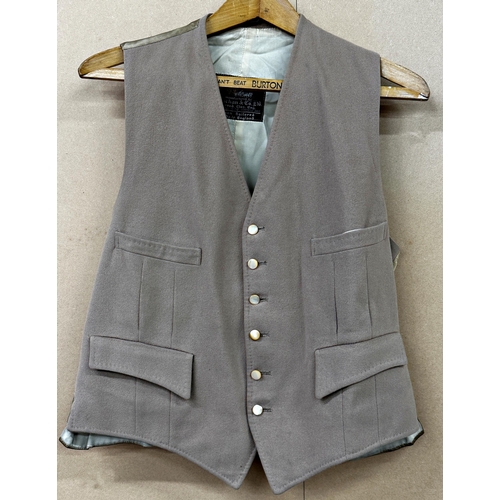 496 - A Moss Bros double breasted blazer with unusual gold buttons plus a further beige Strachan & Co wais... 