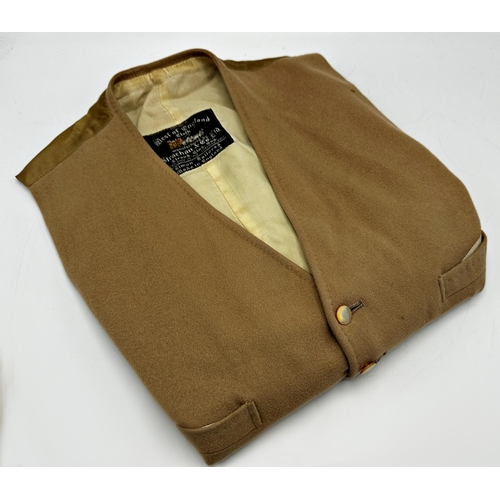 496 - A Moss Bros double breasted blazer with unusual gold buttons plus a further beige Strachan & Co wais... 