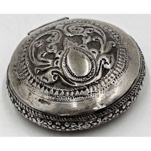 1231 - Early silver powder bowl, embossed hinged lid, indistinct hallmarks, 5cm diameter, 1oz approx