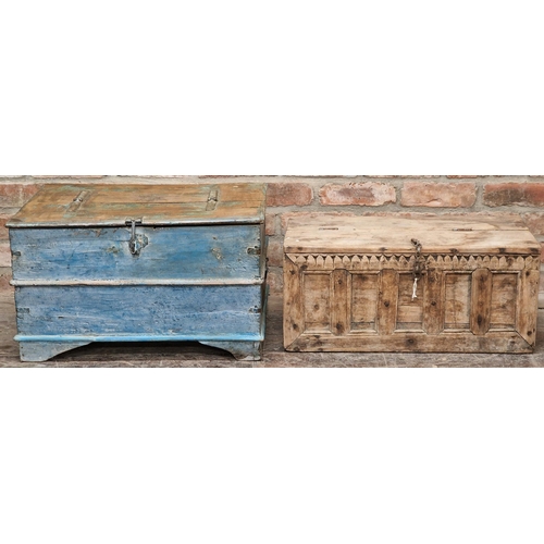 2455 - Two rustic chests with rising lids together with a painted hanging wall rack (3)