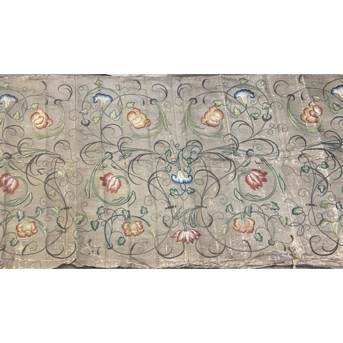 236 - Probably 18th century oriental silk panel, with gold thread and silk scrolled flowers, 98 x 196cm