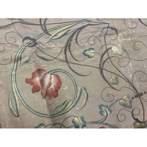 236 - Probably 18th century oriental silk panel, with gold thread and silk scrolled flowers, 98 x 196cm