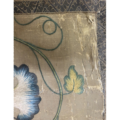 236 - Probably 18th century oriental silk panel, with gold thread and silk scrolled flowers, 98 x 196cm