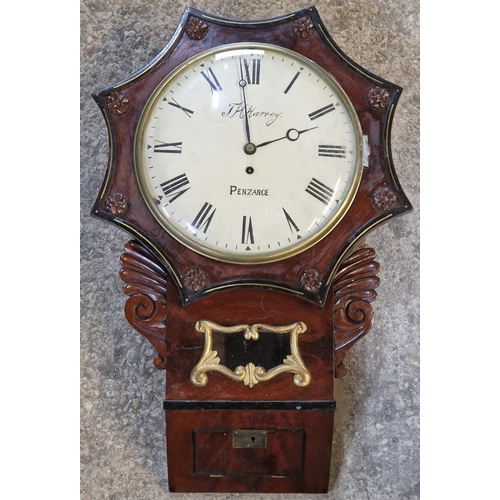 1056 - T H Harvey of Penzance Regency mahogany drop dial fusee wall clock, 12