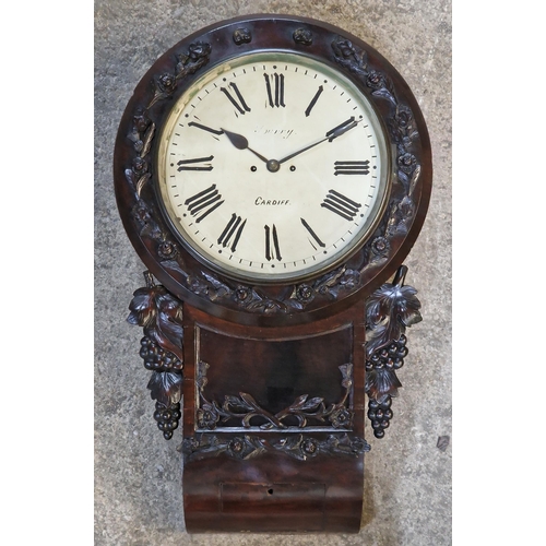 1057 - Good 19th century J Barry of Cardiff mahogany drop dial twin fusee wall clock, almost 14