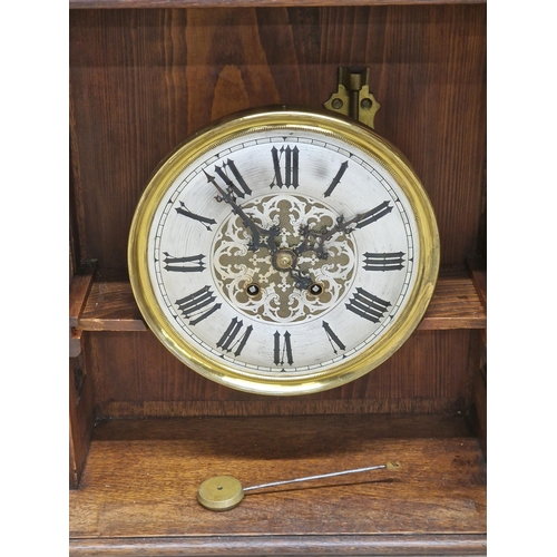 1060 - Arts and Crafts Gothic oak cased architectural mantle clock, two train brass dial with Gothic Roman ... 